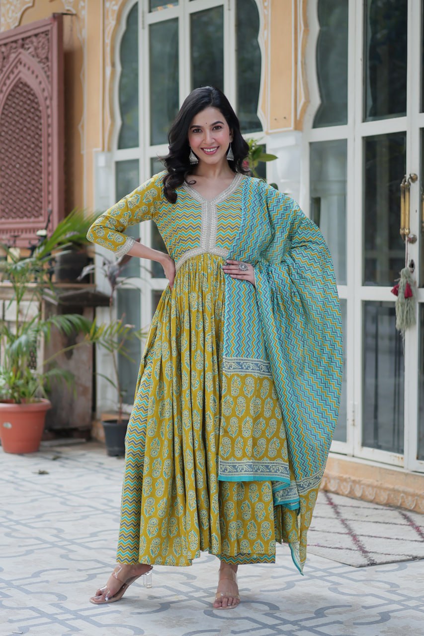 Yellow Elegant Pure Cotton 3-Piece Suit Set for Women Comfortable Fit ClothsVilla