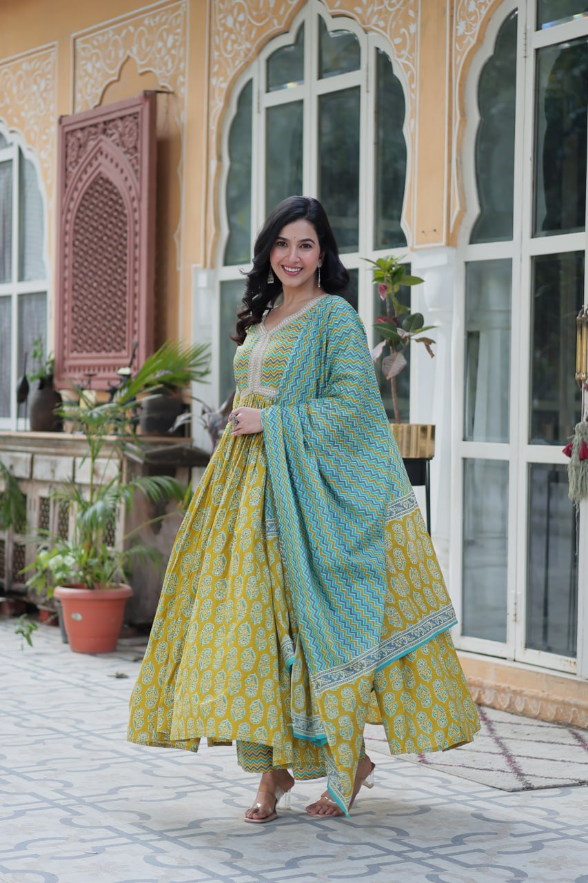 Yellow Elegant Pure Cotton 3-Piece Suit Set for Women Comfortable Fit ClothsVilla