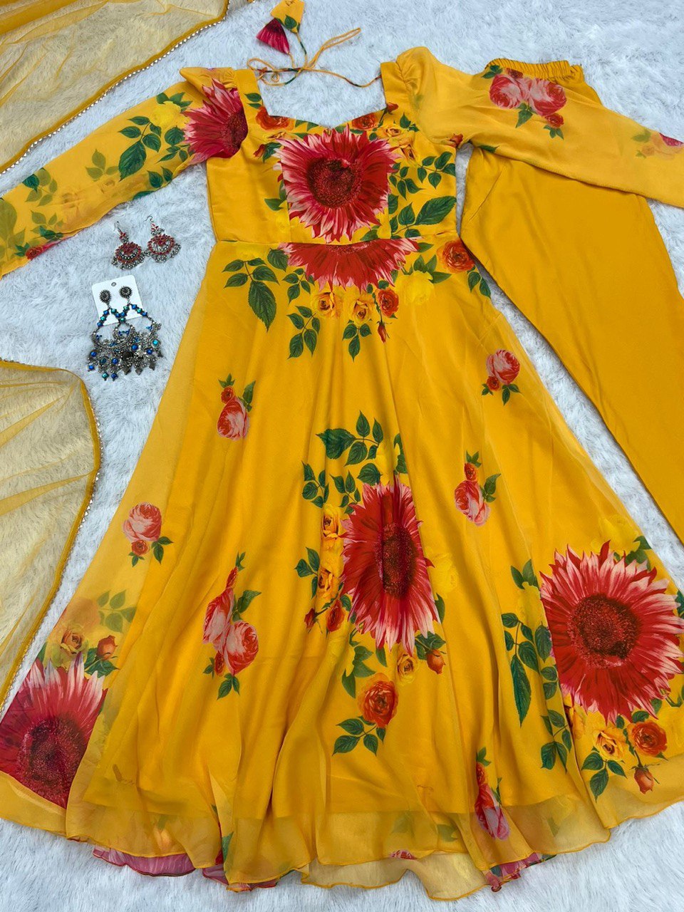 Yellow Elegant Pure Soft Fox Georgette Floral Churidar Gown Set with Dupatta – Ready to Wear