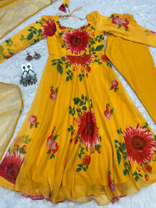 Yellow Elegant Pure Soft Fox Georgette Floral Churidar Gown Set with Dupatta – Ready to Wear