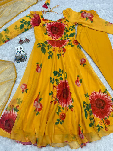 Yellow Elegant Pure Soft Fox Georgette Floral Churidar Gown Set with Dupatta – Ready to Wear