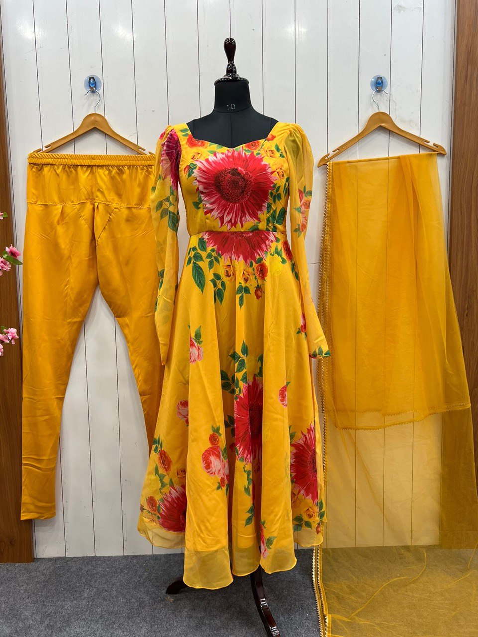 Yellow Elegant Pure Soft Fox Georgette Floral Churidar Gown Set with Dupatta – Ready to Wear