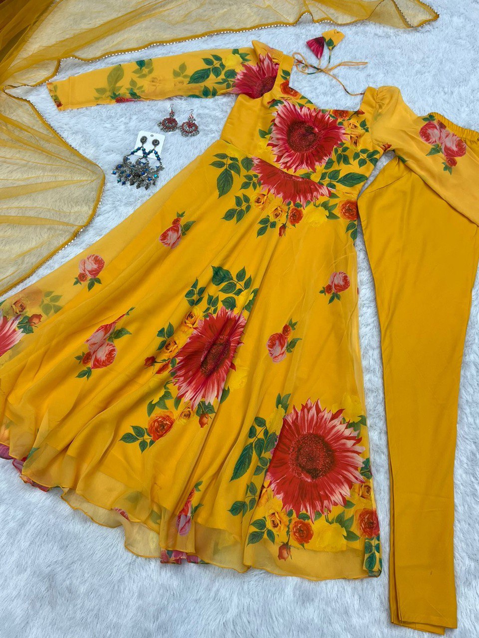 Yellow Elegant Pure Soft Fox Georgette Floral Churidar Gown Set with Dupatta – Ready to Wear