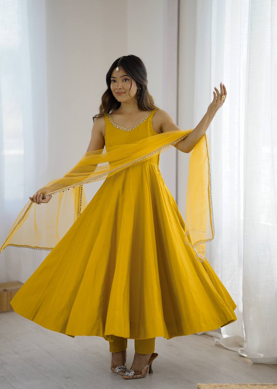 Yellow Elegant Roman Silk Chanderi Anarkali Set with Dupatta & Pant Secondary image