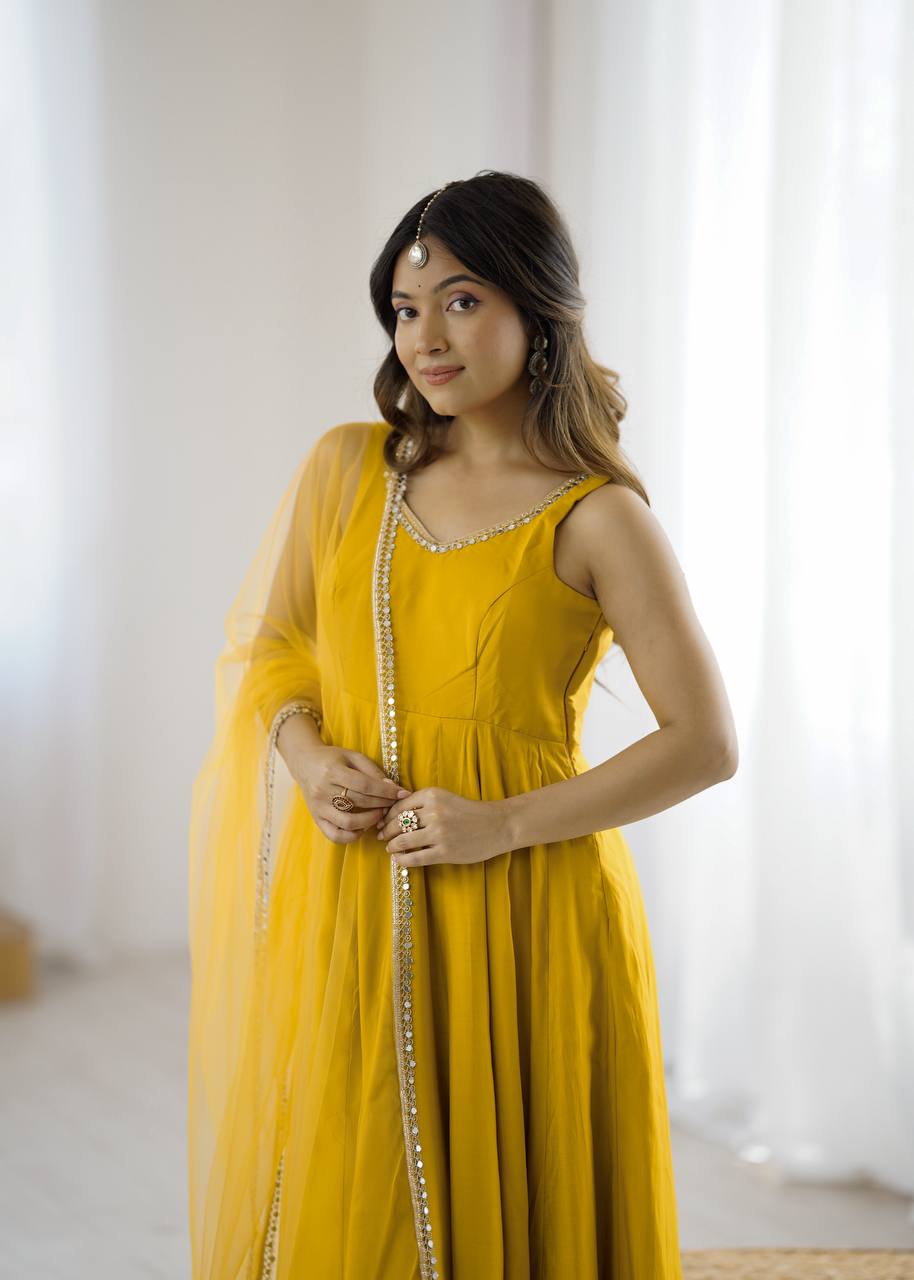 Yellow Elegant Roman Silk Chanderi Anarkali Set with Dupatta & Pant ClothsVilla