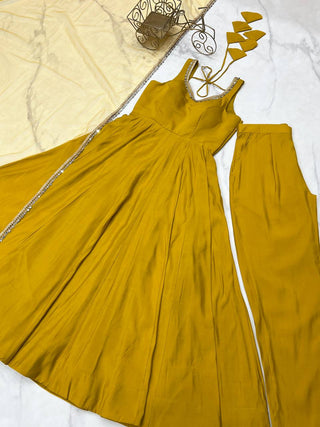 Yellow Elegant Roman Silk Chanderi Anarkali Set with Dupatta & Pant ClothsVilla