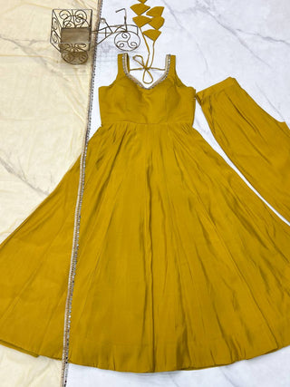 Yellow Elegant Roman Silk Chanderi Anarkali Set with Dupatta & Pant ClothsVilla