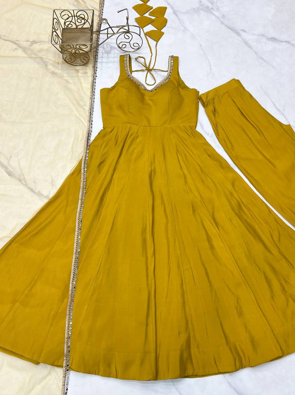 Yellow Elegant Roman Silk Chanderi Anarkali Set with Dupatta & Pant ClothsVilla
