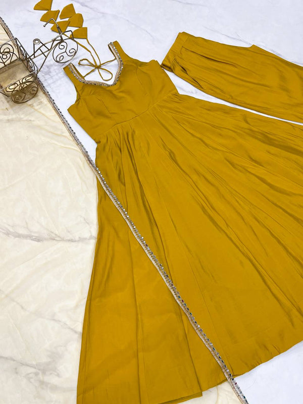 Yellow Elegant Roman Silk Chanderi Anarkali Set with Dupatta & Pant ClothsVilla