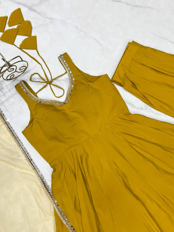 Yellow Elegant Roman Silk Chanderi Anarkali Set with Dupatta & Pant ClothsVilla