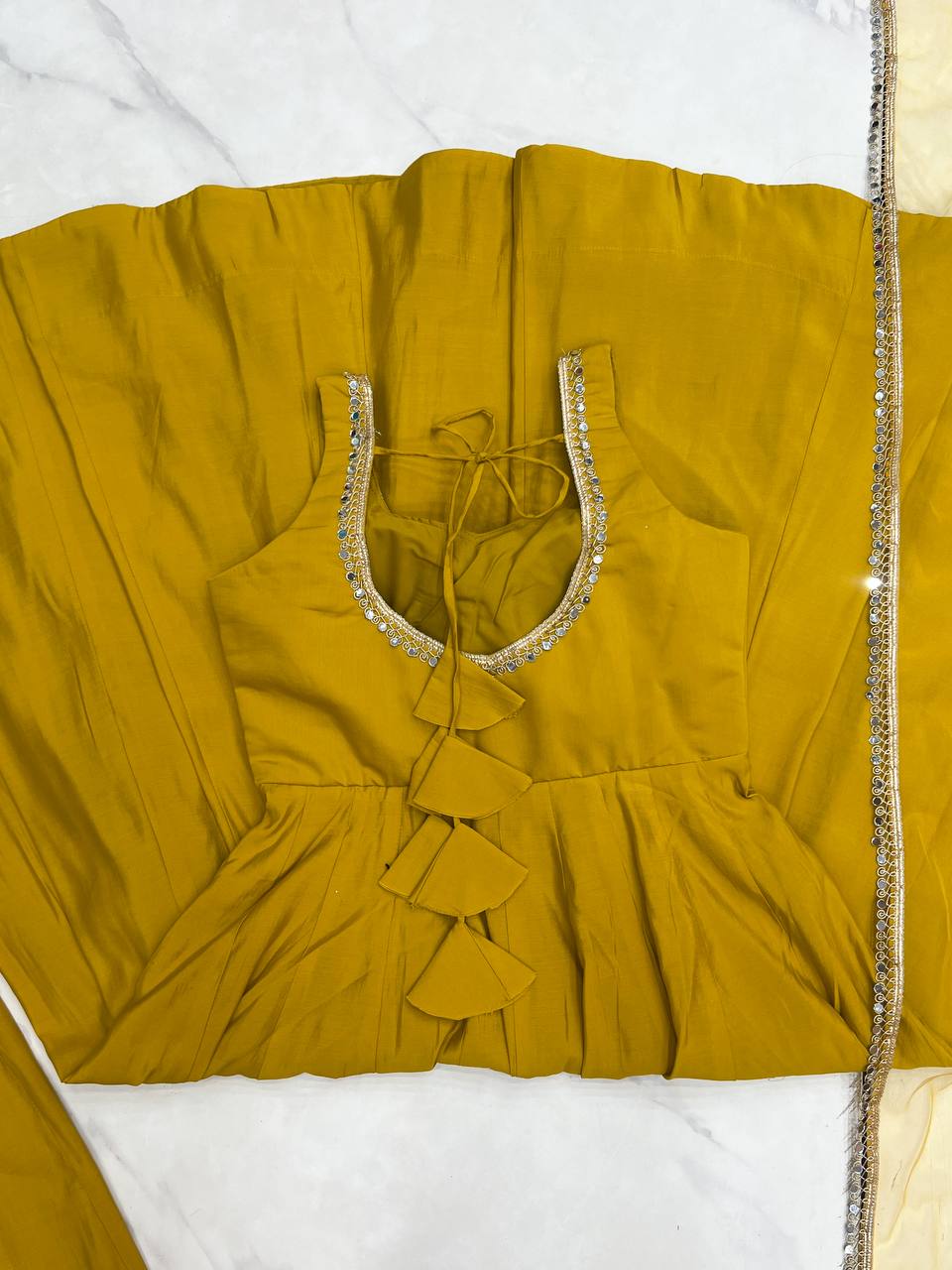 Yellow Elegant Roman Silk Chanderi Anarkali Set with Dupatta & Pant ClothsVilla