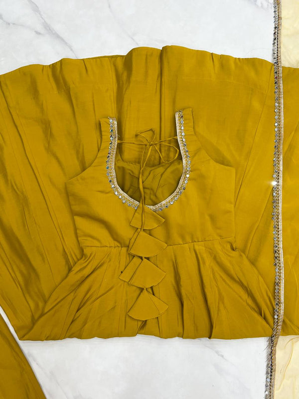 Yellow Elegant Roman Silk Chanderi Anarkali Set with Dupatta & Pant ClothsVilla