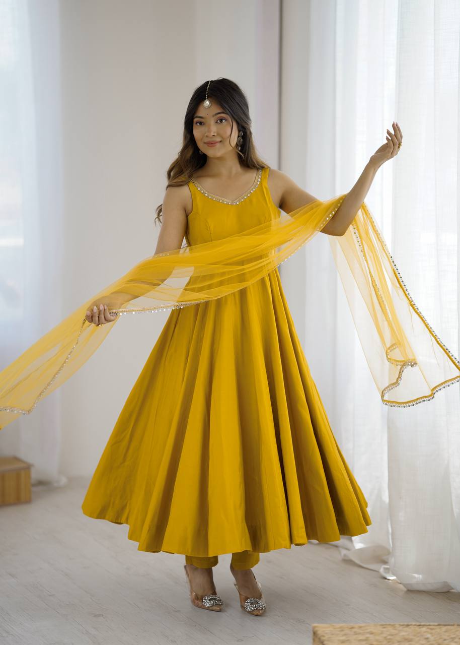 Yellow Elegant Roman Silk Chanderi Anarkali Set with Dupatta & Pant ClothsVilla Main image