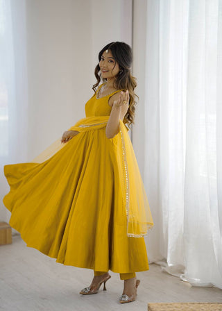 Yellow Elegant Roman Silk Chanderi Anarkali Set with Dupatta & Pant ClothsVilla