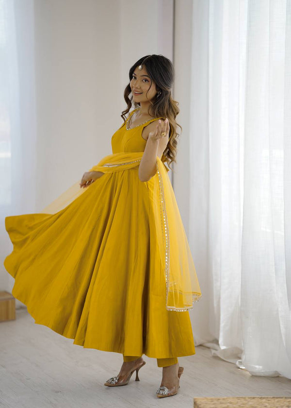 Yellow Elegant Roman Silk Chanderi Anarkali Set with Dupatta & Pant ClothsVilla