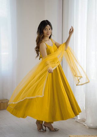 Yellow Elegant Roman Silk Chanderi Anarkali Set with Dupatta & Pant ClothsVilla
