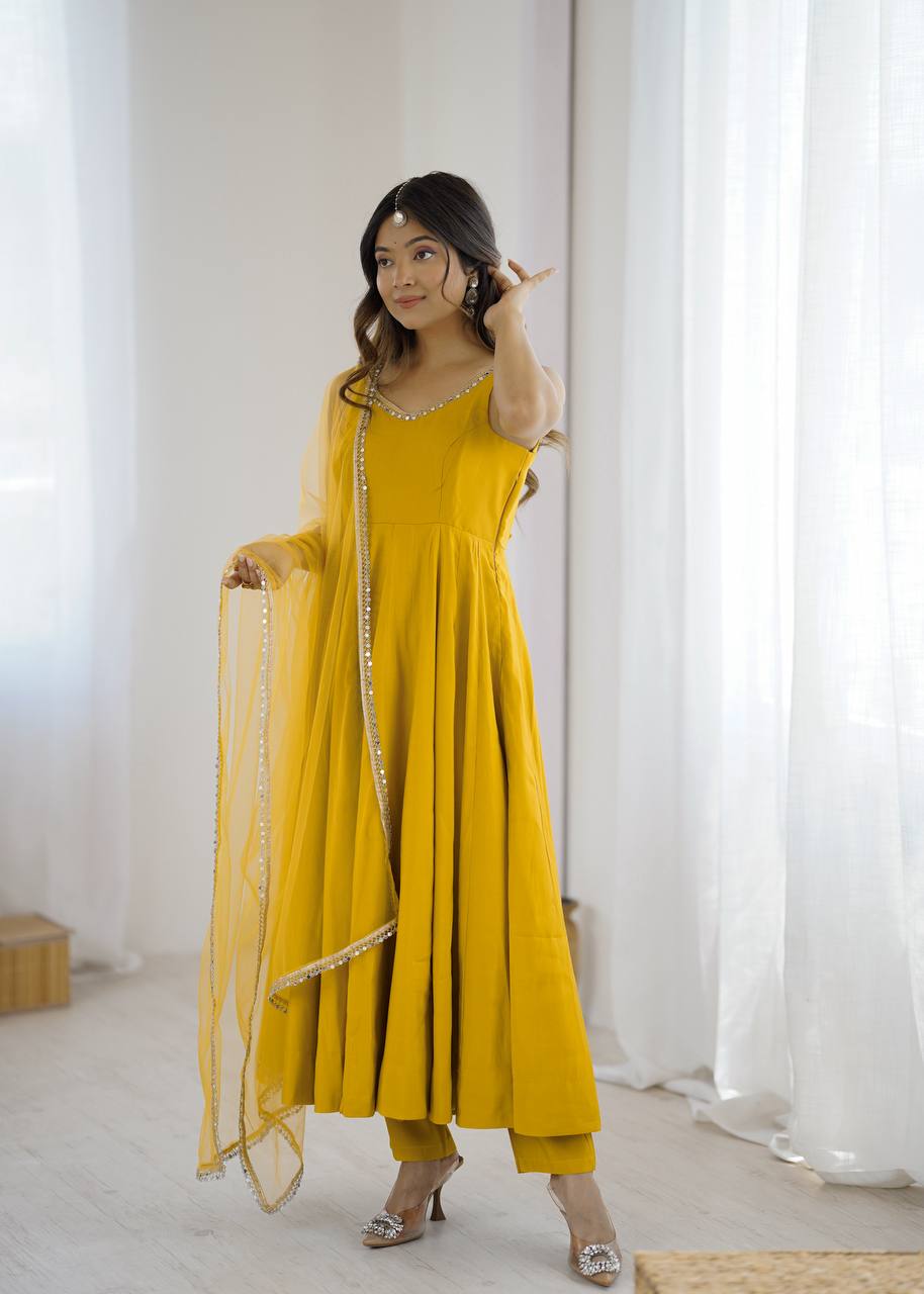 Yellow Elegant Roman Silk Chanderi Anarkali Set with Dupatta & Pant ClothsVilla