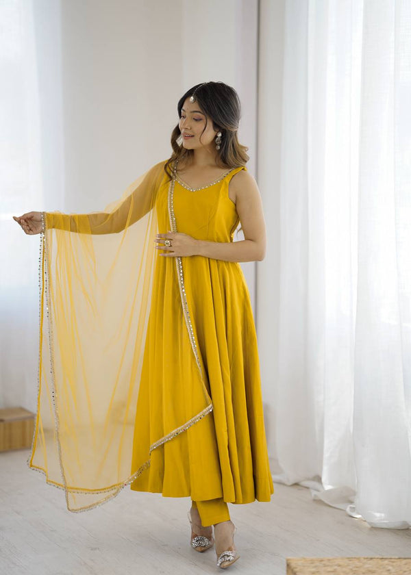 Yellow Elegant Roman Silk Chanderi Anarkali Set with Dupatta & Pant ClothsVilla