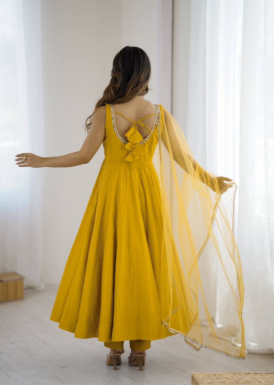 Yellow Elegant Roman Silk Chanderi Anarkali Set with Dupatta & Pant ClothsVilla
