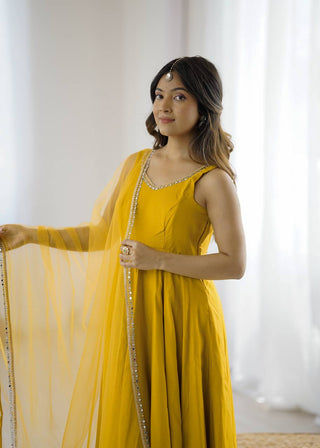 Yellow Elegant Roman Silk Chanderi Anarkali Set with Dupatta & Pant ClothsVilla