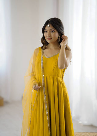 Yellow Elegant Roman Silk Chanderi Anarkali Set with Dupatta & Pant ClothsVilla