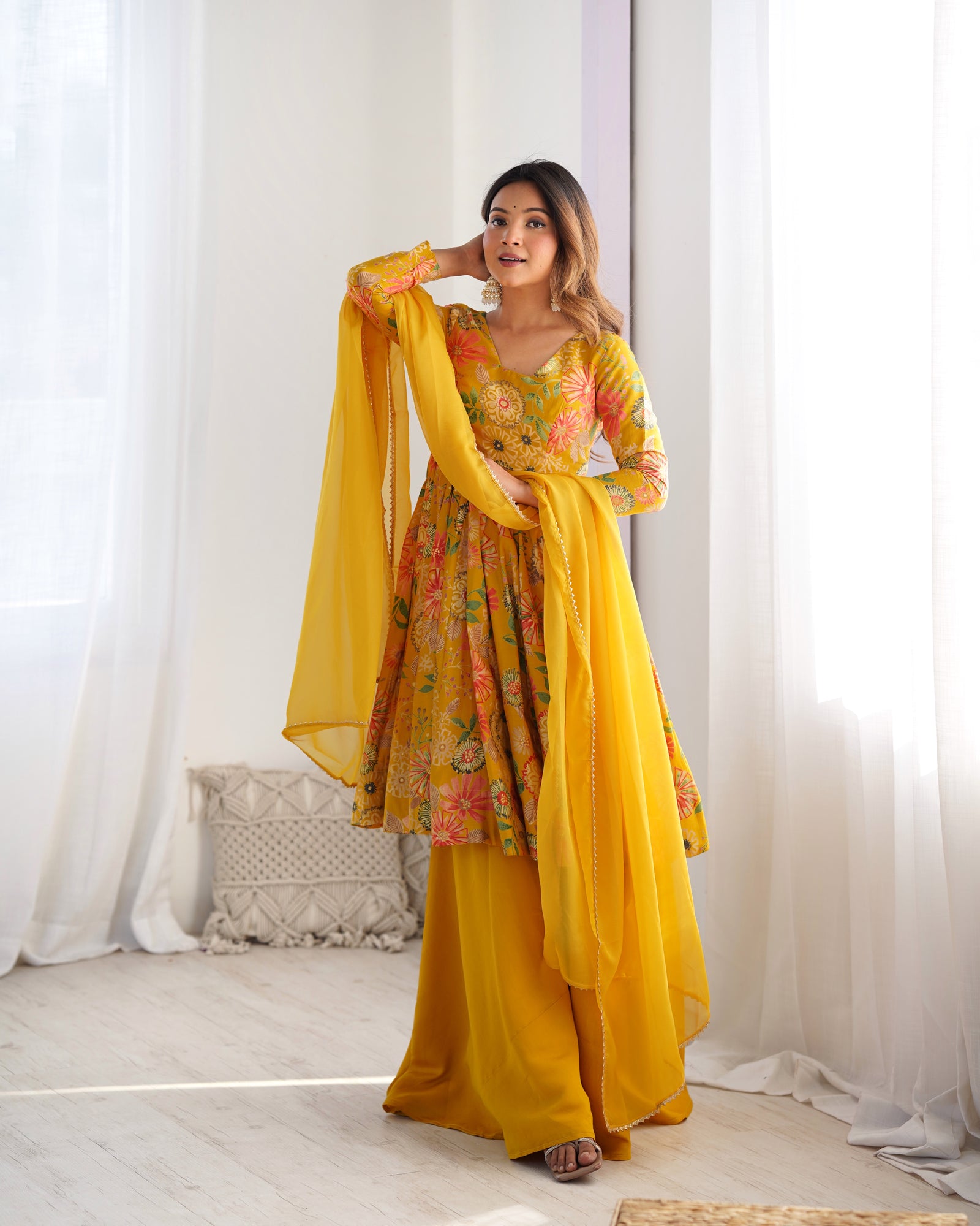 Yellow Elegant Roman Silk Chanderi Kediya Kurta Set with Dupatta & Palazzo
