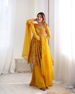 Yellow Elegant Roman Silk Chanderi Kediya Kurta Set with Dupatta & Palazzo