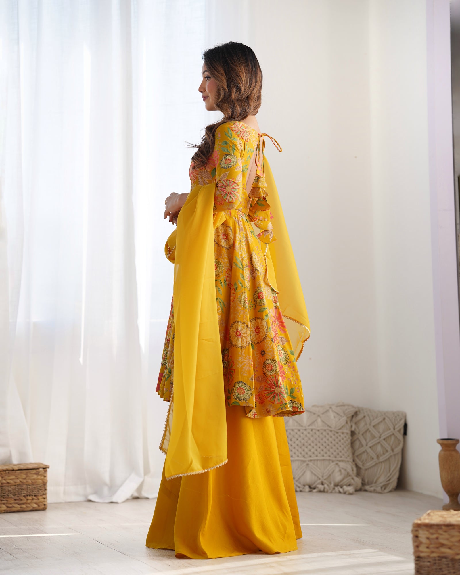 Yellow Elegant Roman Silk Chanderi Kediya Kurta Set with Dupatta & Palazzo