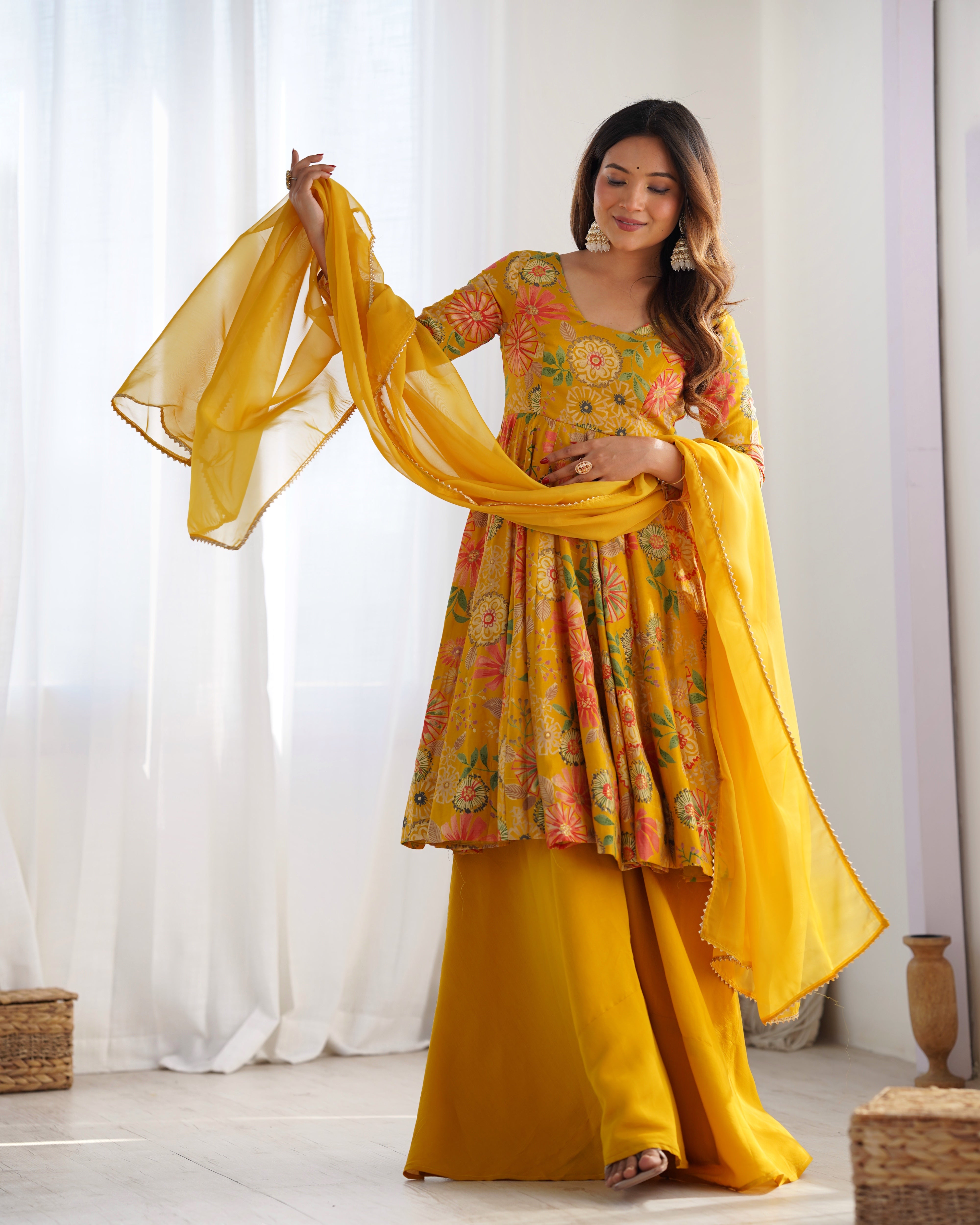 Yellow Elegant Roman Silk Chanderi Kediya Kurta Set with Dupatta & Palazzo Secondary image