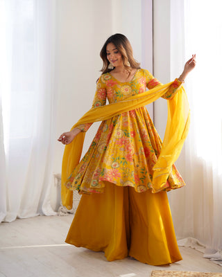 Yellow Elegant Roman Silk Chanderi Kediya Kurta Set with Dupatta & Palazzo