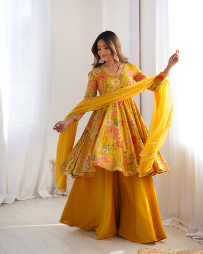 Yellow Elegant Roman Silk Chanderi Kediya Kurta Set with Dupatta & Palazzo