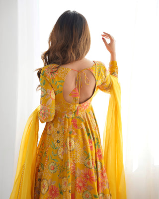 Yellow Elegant Roman Silk Chanderi Kediya Kurta Set with Dupatta & Palazzo