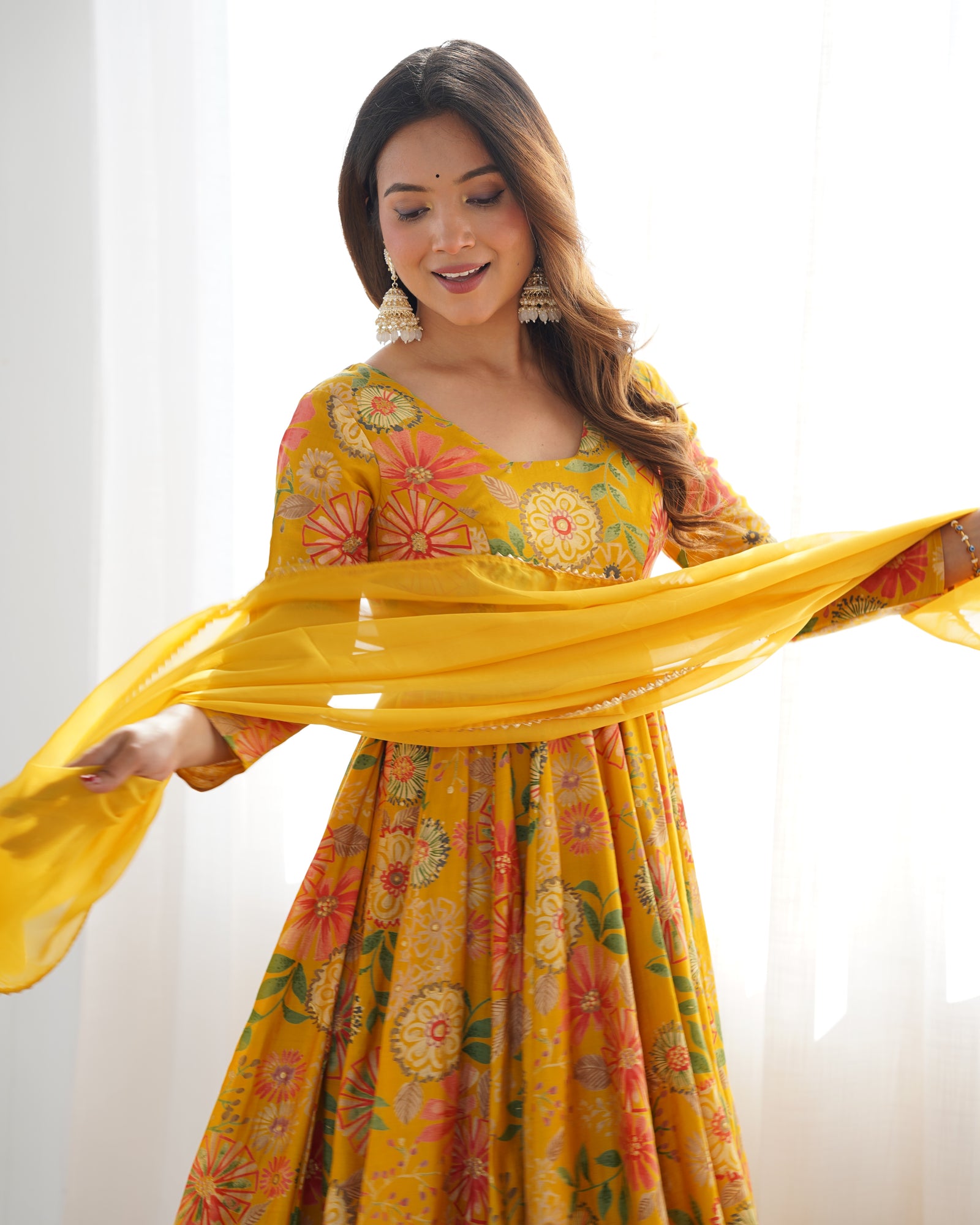 Yellow Elegant Roman Silk Chanderi Kediya Kurta Set with Dupatta & Palazzo