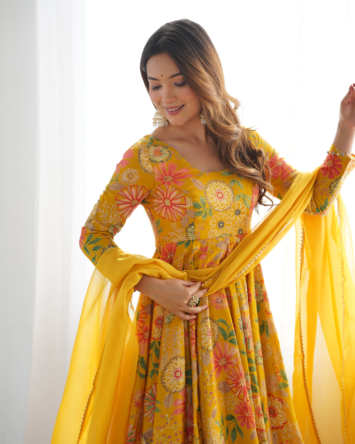 Yellow Elegant Roman Silk Chanderi Kediya Kurta Set with Dupatta & Palazzo