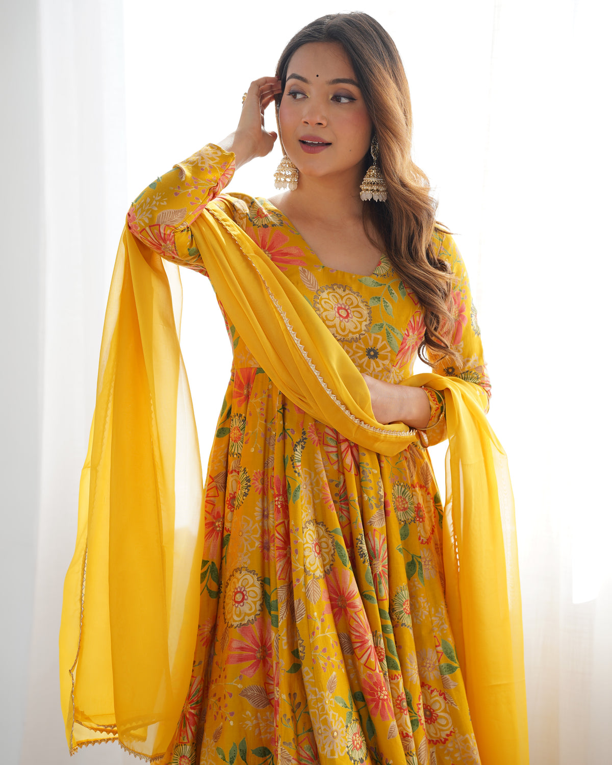 Yellow Elegant Roman Silk Chanderi Kediya Kurta Set with Dupatta & Palazzo