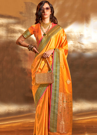 Yellow Elegant Satin Silk Saree – Luxurious Drape for Every Occasion ClothsVilla