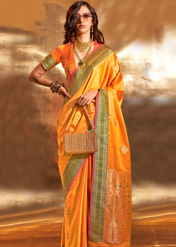 Yellow Elegant Satin Silk Saree – Luxurious Drape for Every Occasion ClothsVilla