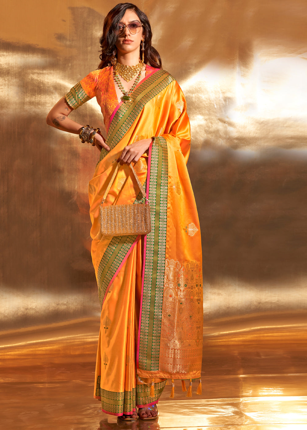 Yellow Elegant Satin Silk Saree – Luxurious Drape for Every Occasion ClothsVilla Main image