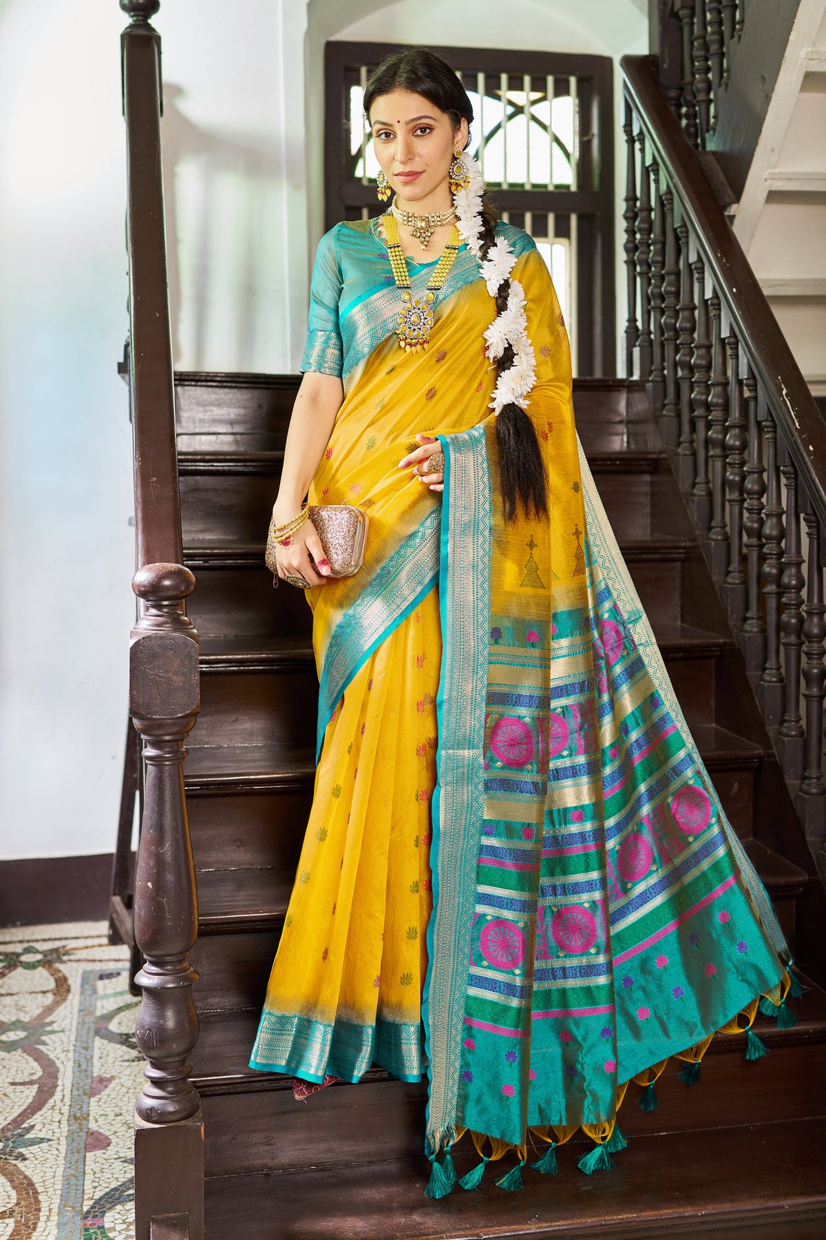 Yellow Elegant Slub Lilan Saree – Luxurious Semi Tussar Silk ClothsVilla Main image