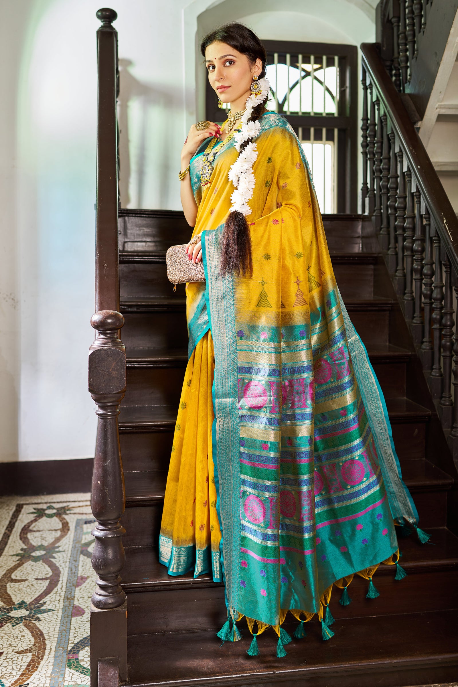 Yellow Elegant Slub Lilan Saree – Luxurious Semi Tussar Silk ClothsVilla