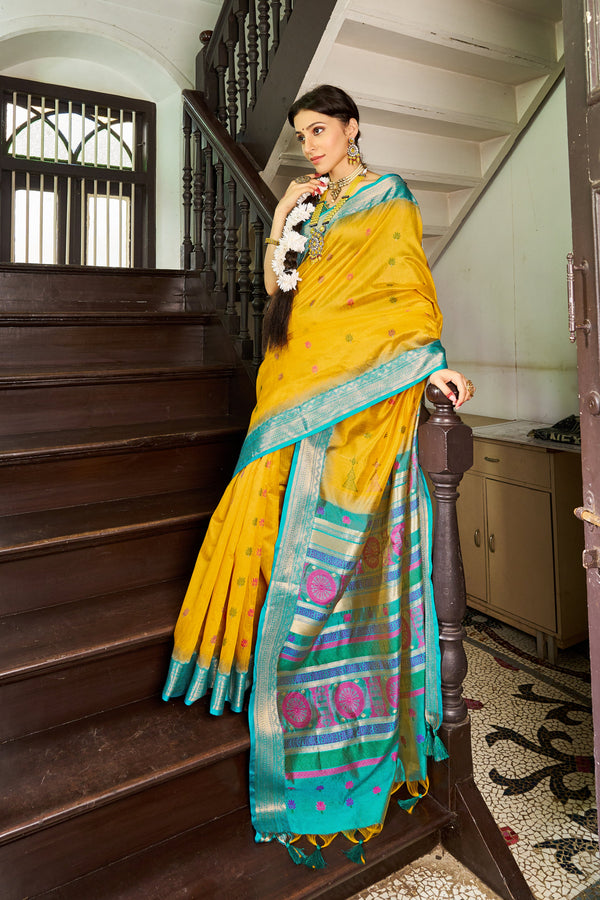Yellow Elegant Slub Lilan Saree – Luxurious Semi Tussar Silk ClothsVilla