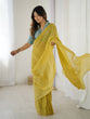 Load image into Gallery viewer, Yellow Elegant Sparkle Silk Ready-to-Wear Saree with Heavy Banarasi Silk Blouse – Stitched Ensemble with Adjustable Hooks ClothsVilla