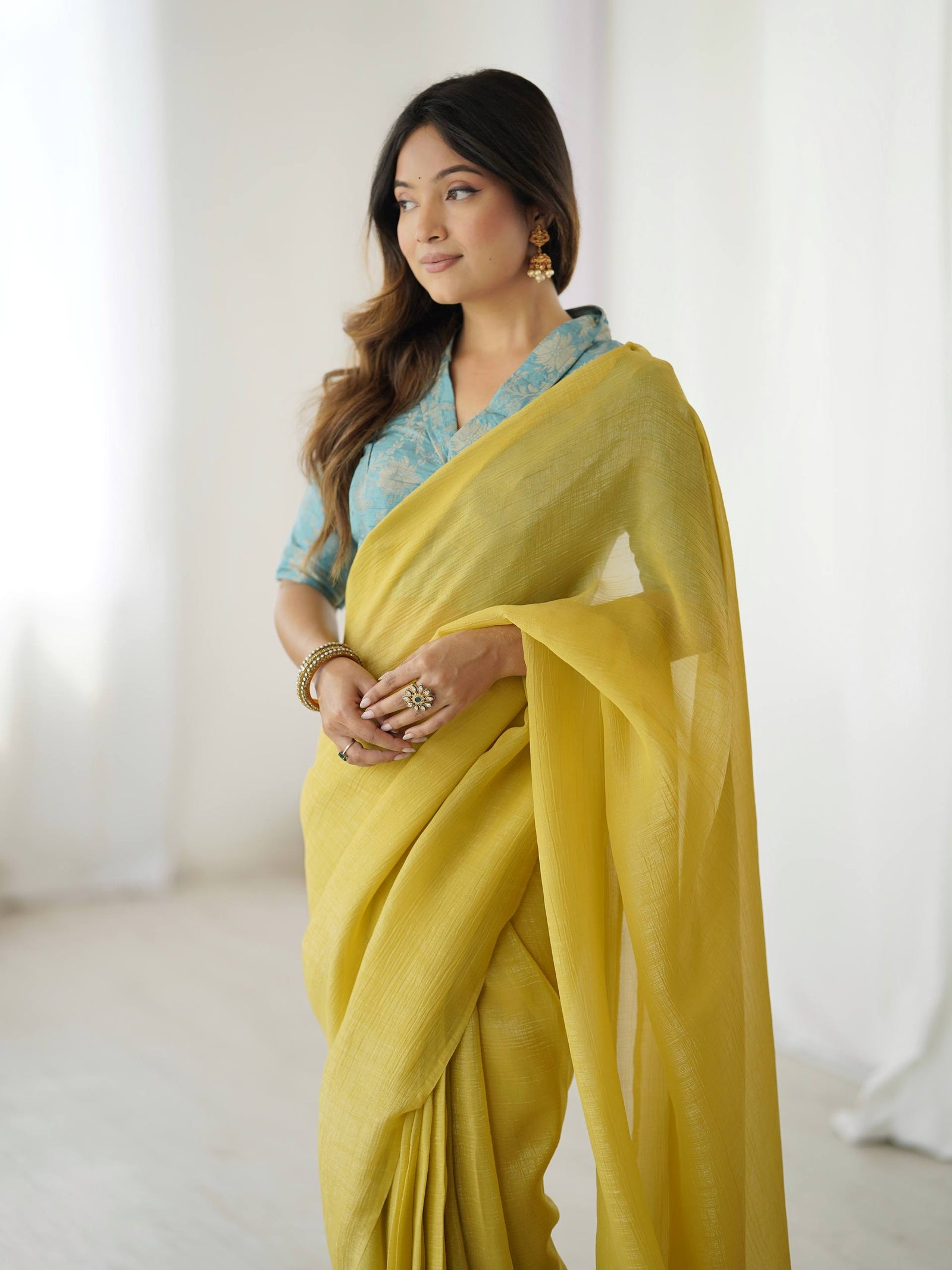 Yellow Elegant Sparkle Silk Ready-to-Wear Saree with Heavy Banarasi Silk Blouse – Stitched Ensemble with Adjustable Hooks ClothsVilla