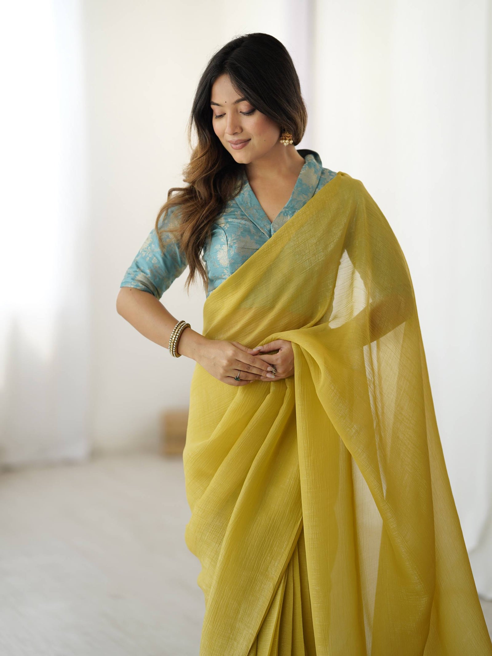 Yellow Elegant Sparkle Silk Ready-to-Wear Saree with Heavy Banarasi Silk Blouse – Stitched Ensemble with Adjustable Hooks ClothsVilla