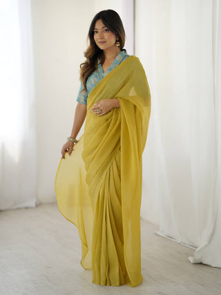 Yellow Elegant Sparkle Silk Ready-to-Wear Saree with Heavy Banarasi Silk Blouse – Stitched Ensemble with Adjustable Hooks ClothsVilla