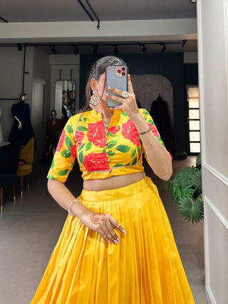 Yellow Elegant Tussar Silk Floral Print Lehenga Set – Stitched with Adjustable Blouse ClothsVilla