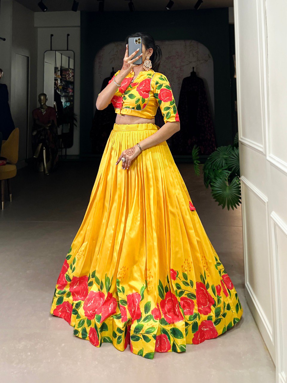 Yellow Elegant Tussar Silk Floral Print Lehenga Set – Stitched with Adjustable Blouse ClothsVilla