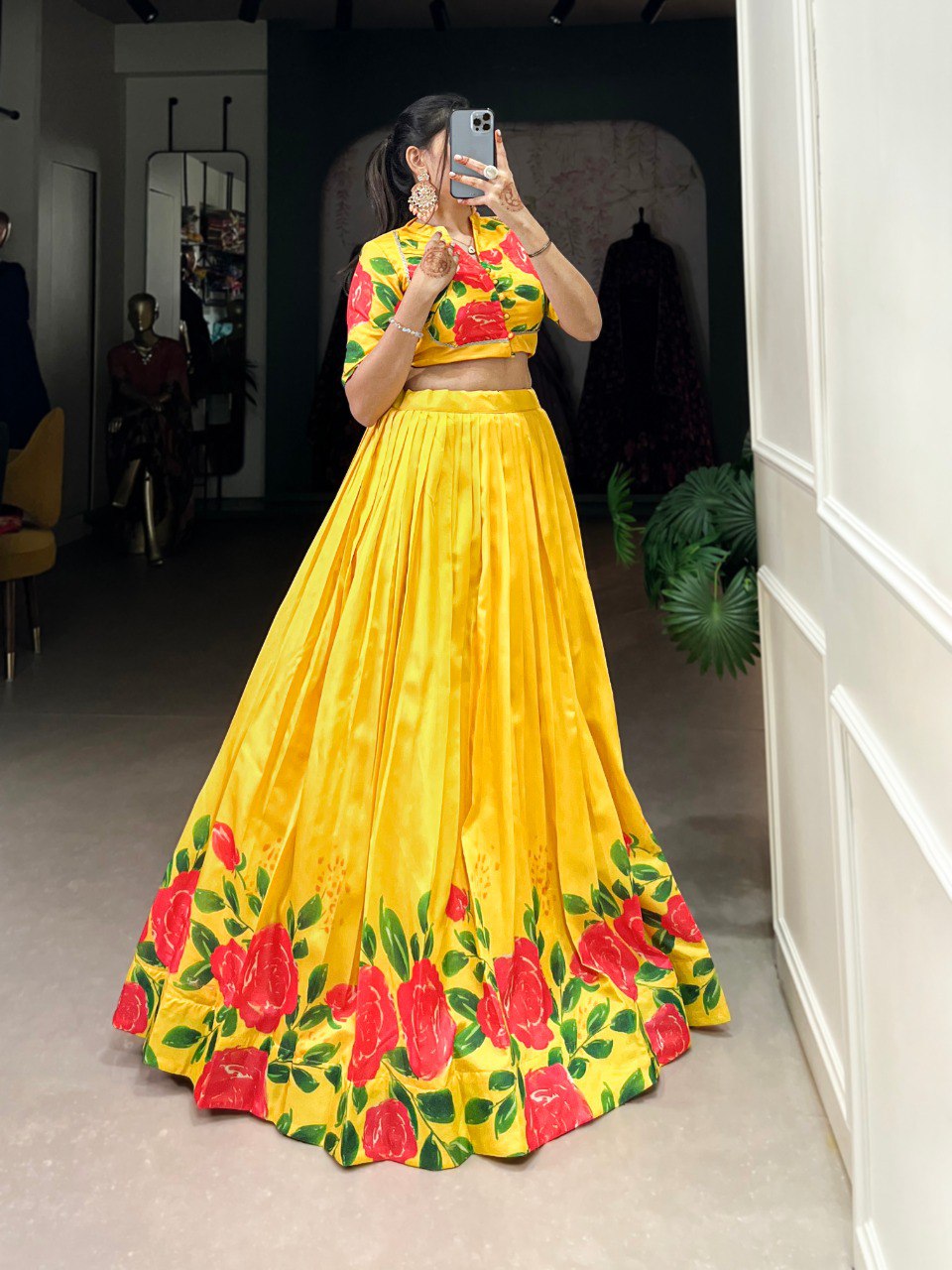 Yellow Elegant Tussar Silk Floral Print Lehenga Set – Stitched with Adjustable Blouse ClothsVilla