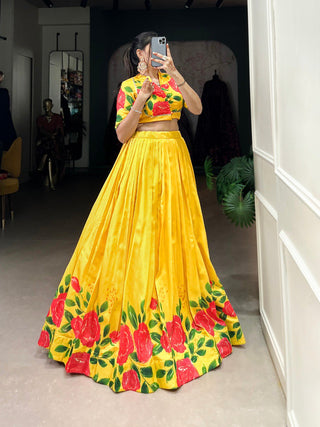 Yellow Elegant Tussar Silk Floral Print Lehenga Set – Stitched with Adjustable Blouse ClothsVilla