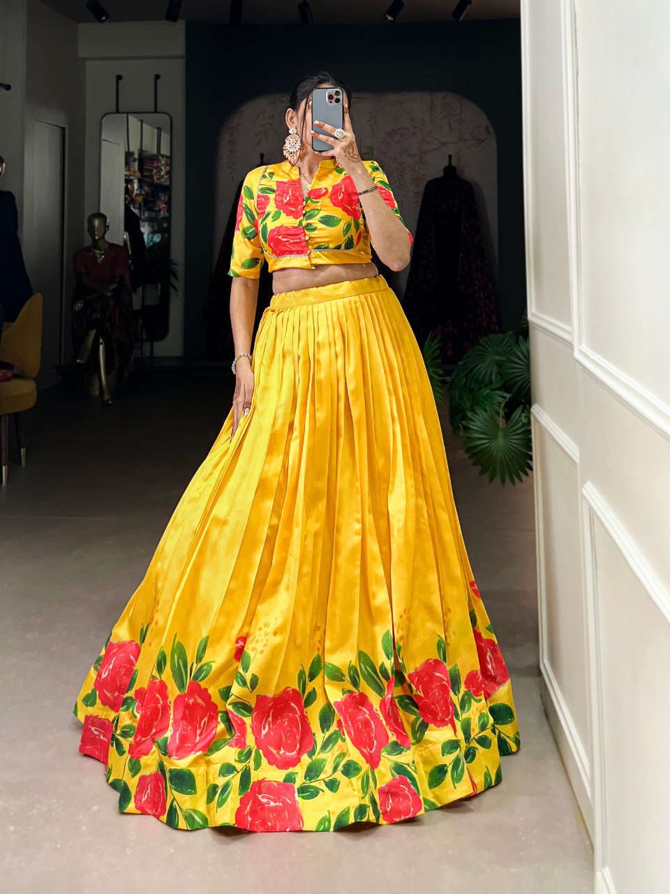 Yellow Elegant Tussar Silk Floral Print Lehenga Set – Stitched with Adjustable Blouse ClothsVilla